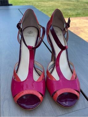 Isola Pink Multi Patent Leather T-Strap Heels